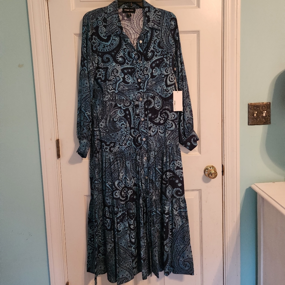 Fifteen Twenty Long Sleeve Tiered Dress Blue Paisley NWT